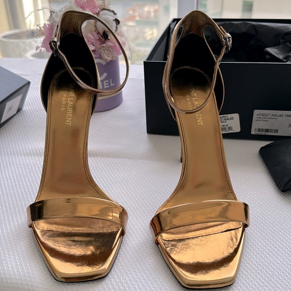 Saint Laurent Metallic Lambskin Amber 105 Ankle Strap Sandals 39.5 Egypt Gold - Picture 4 of 12